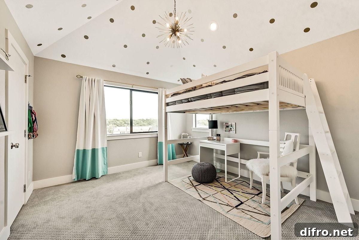Wallpapered ceiling in a girl's room above a loft bed