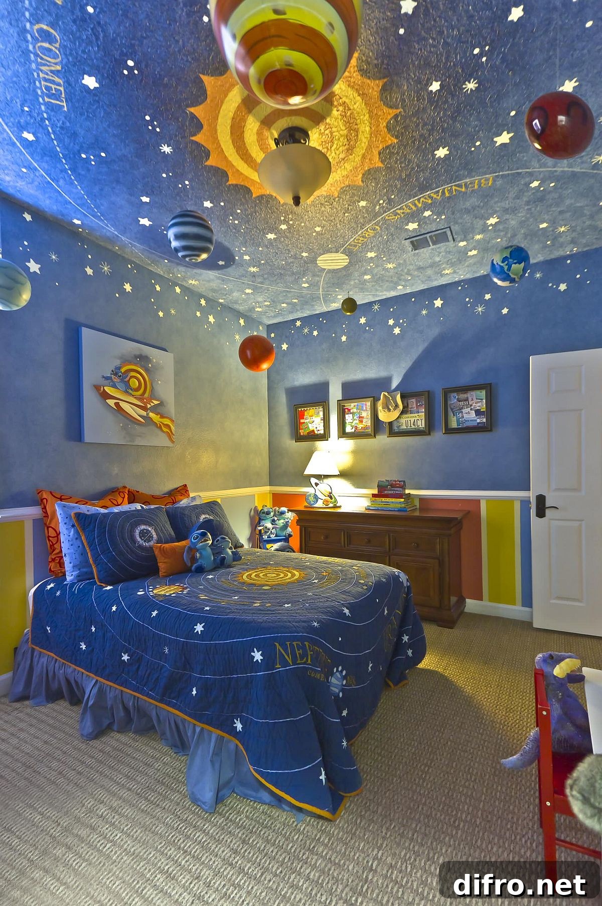 Hand-painted wallpaper and murals add unique character to a child's room ceiling