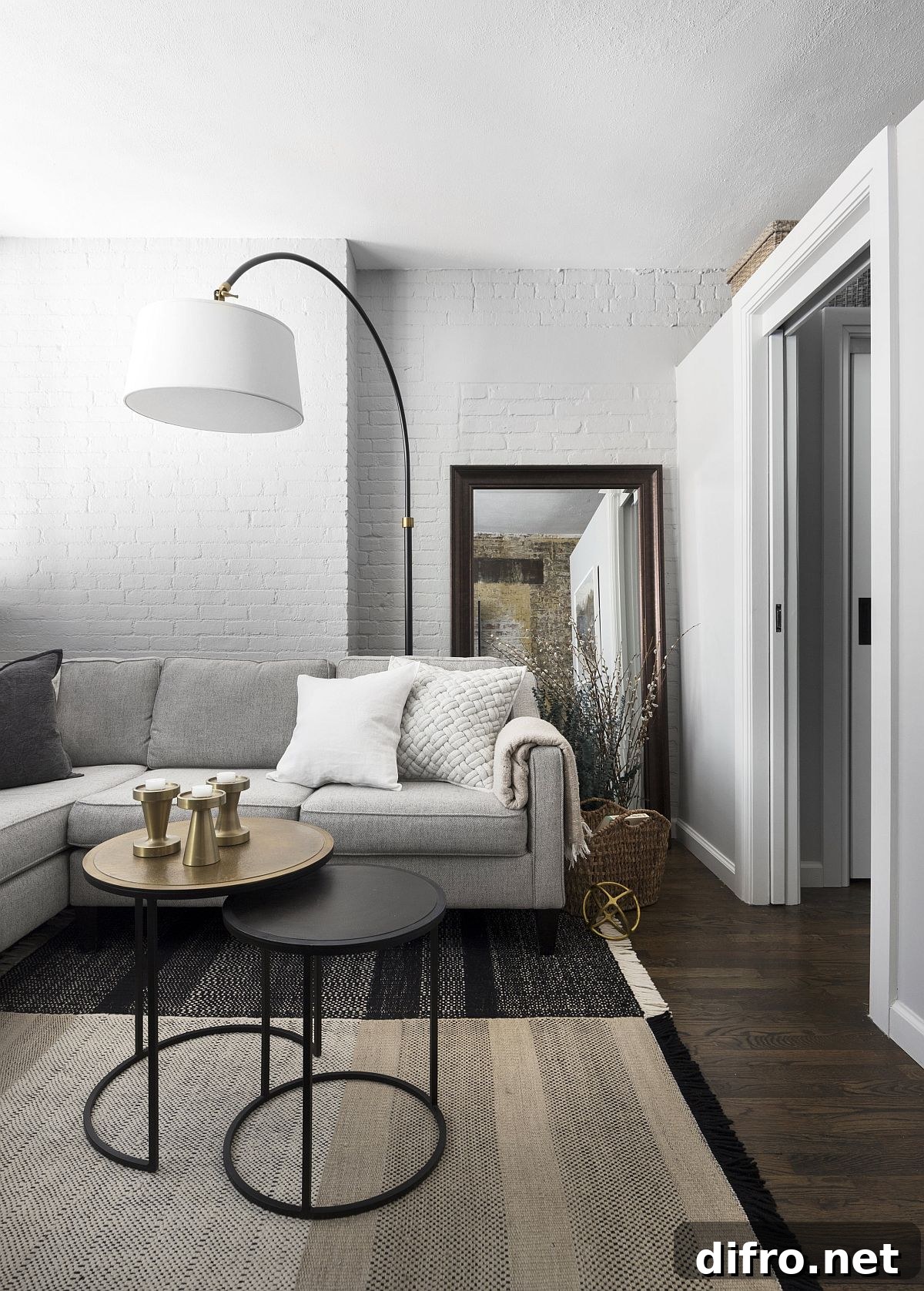 White brick walls inside studio apartment