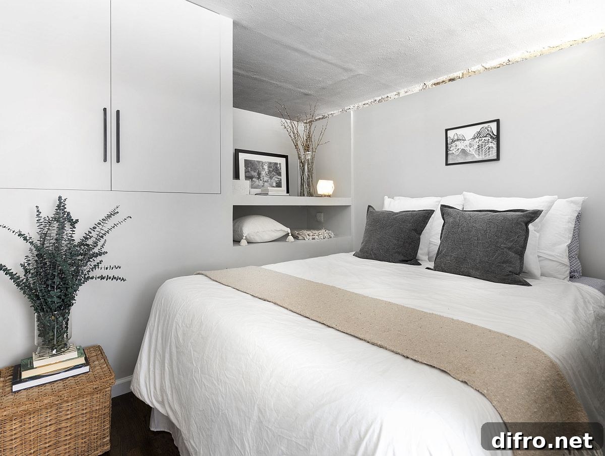 Neutral bedroom with low ceiling and built-in shelving