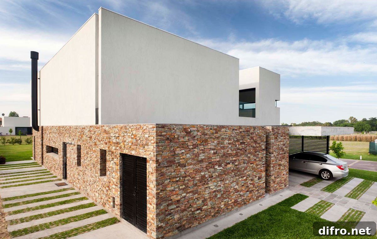 Facade of the House A in Buenos Aires with a stone wall that offers ample protection
