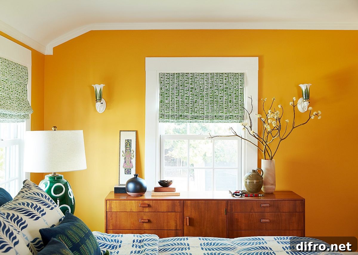 Eclectic modern bedroom with a dark yellow accent wall