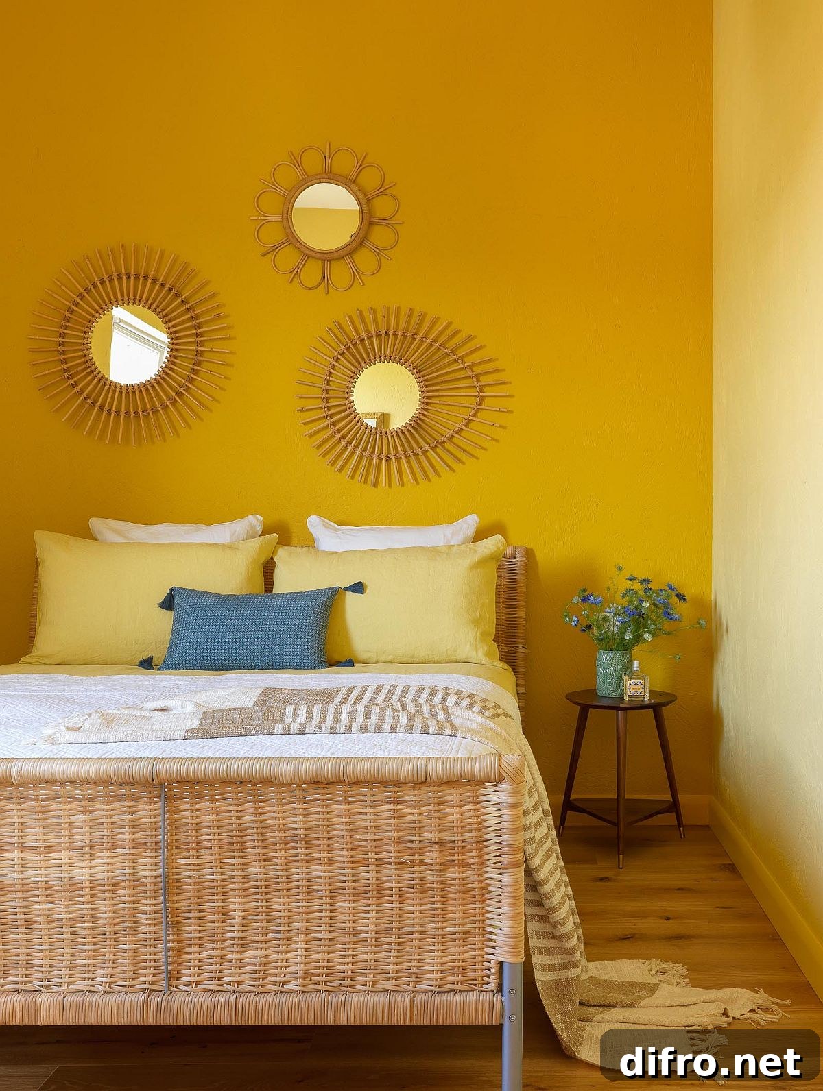 Modern Mediterranean style bedroom with yellow walls