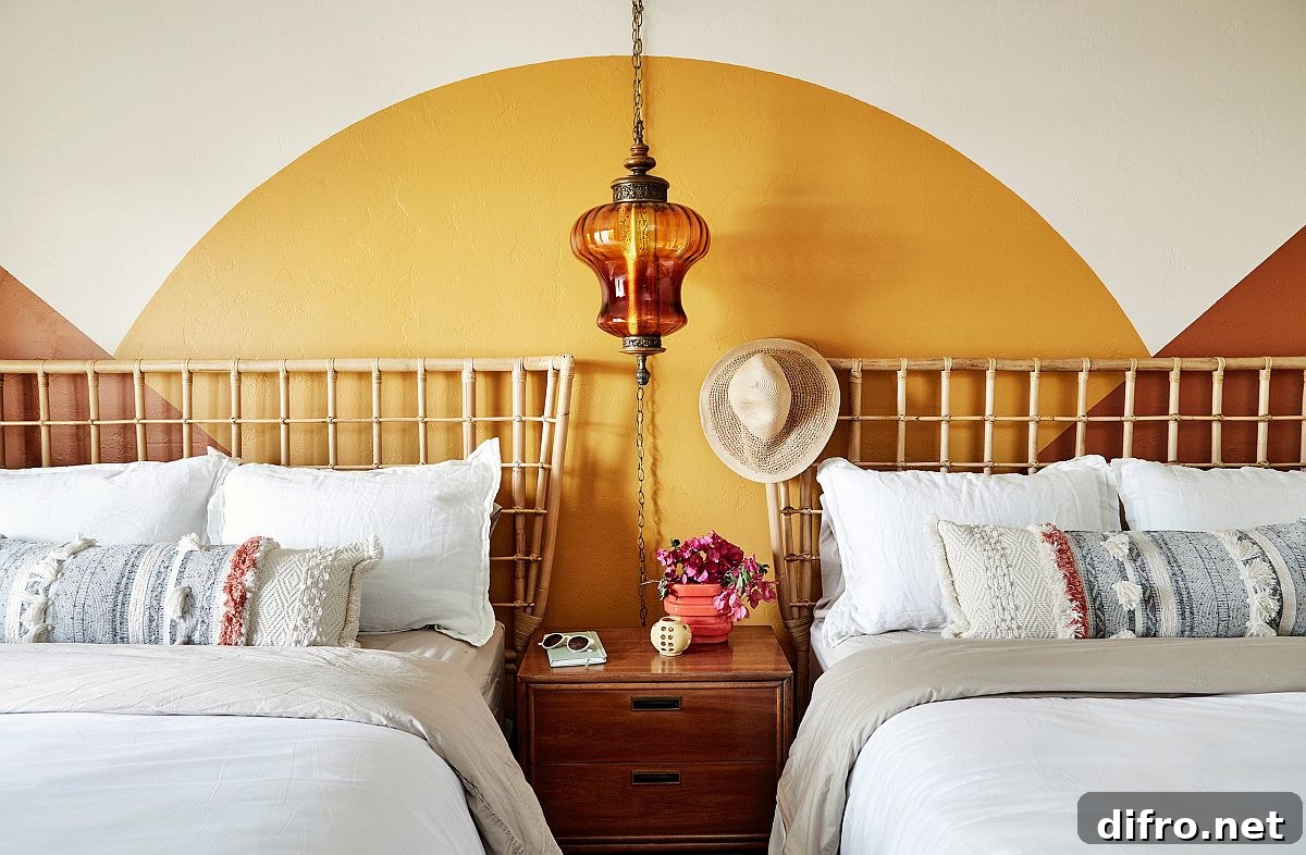 Guest bedroom inspired by 70s Rock n' Roll using yellow accents