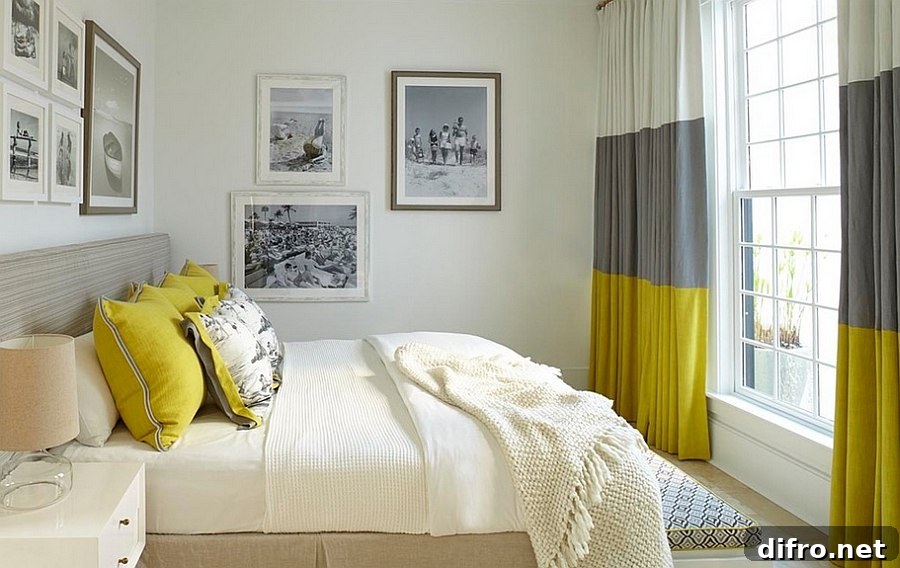 Gray and yellow drapes in a white bedroom