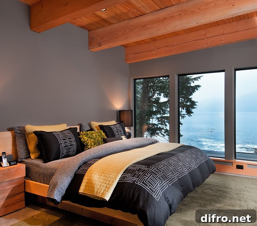 Polished gray bedroom with yellow accents