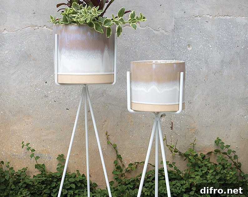 ceramic planters on metal stands