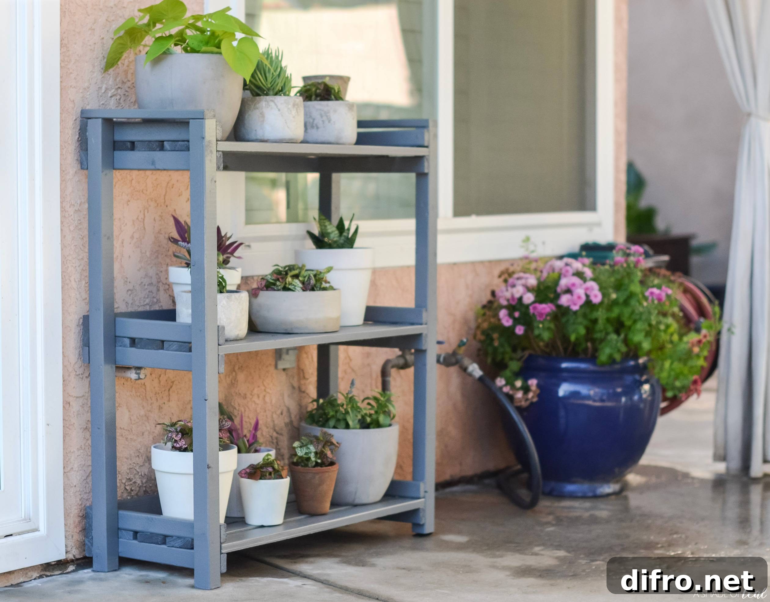 blue plant shelf diy outside with white pots