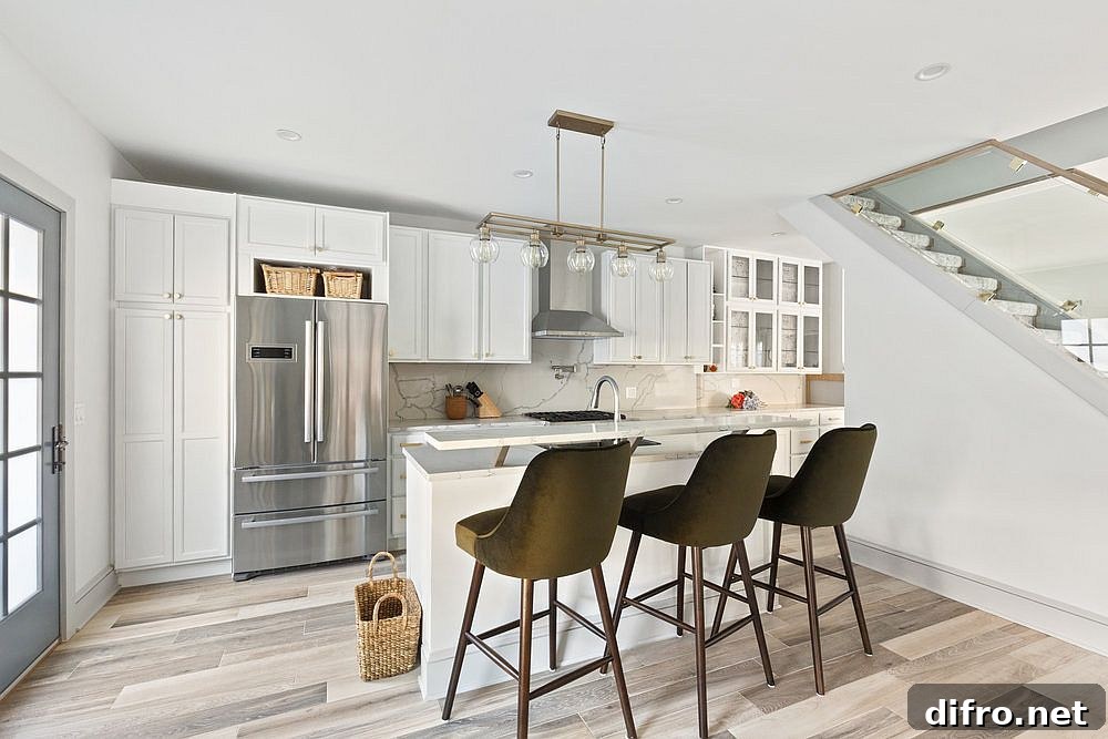 Contemporary kitchen with wooden floor and stone backsplash