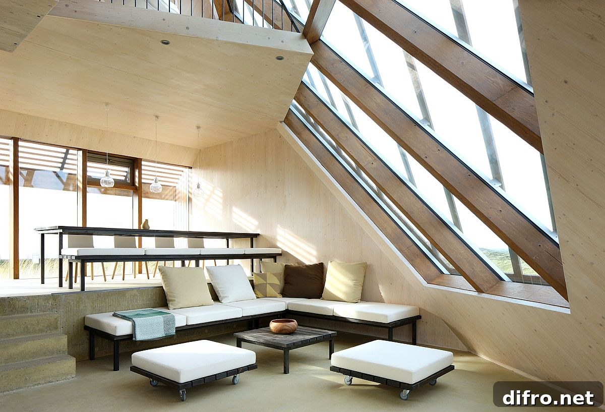 Split-level interior with views across the landscape