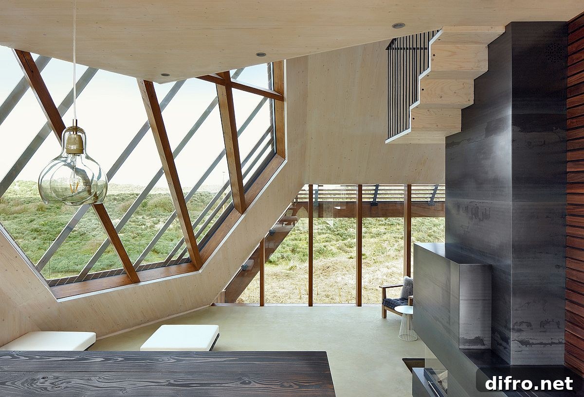 Diamond-shaped wooden volume and interior windows