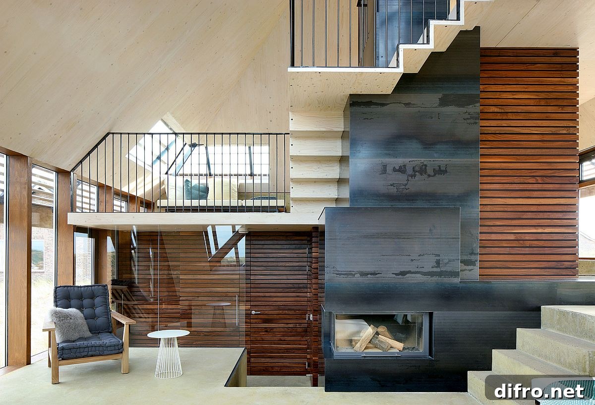 Living room with fireplace and wooden accents