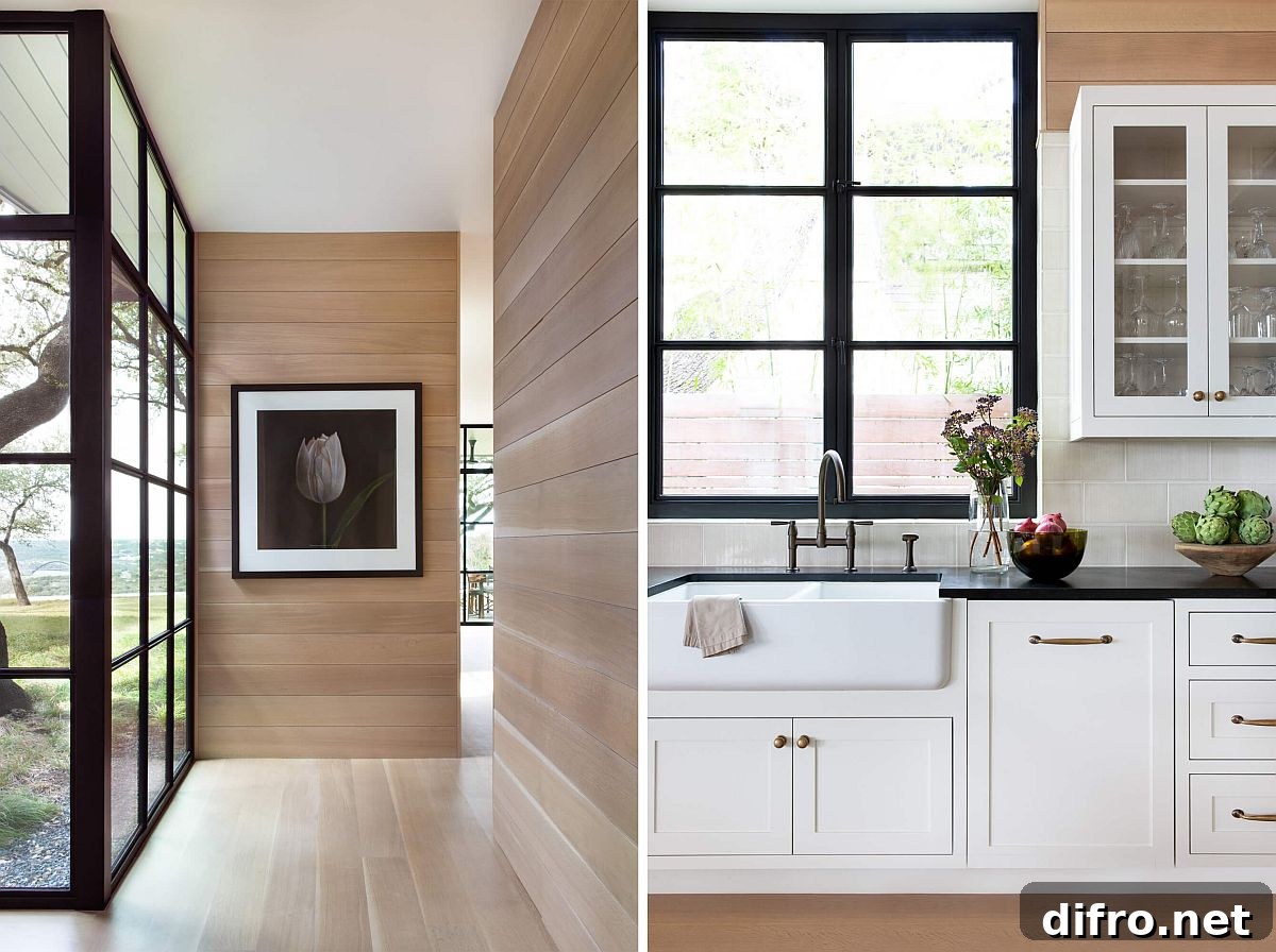 Oak shiplap wrapping in the main interior gives it warm and elegant modern style