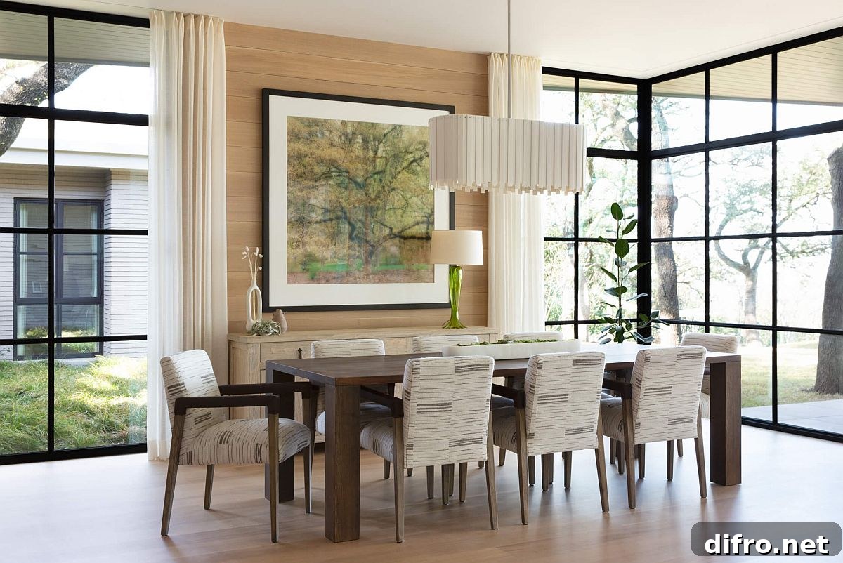 Black-framed glass windows connect the large dining room with the landscape outside