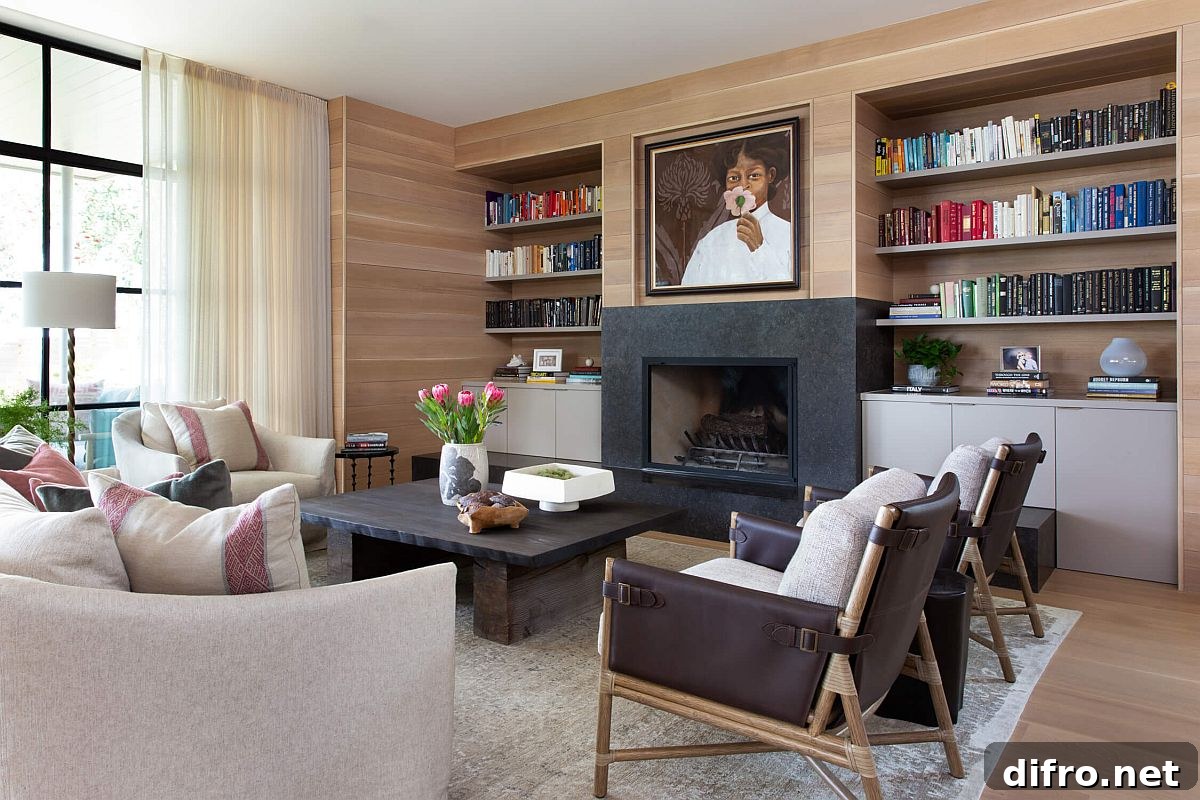 Charming woodsy walls, lovely use of beige and a large bookshelf create this wonderful living area