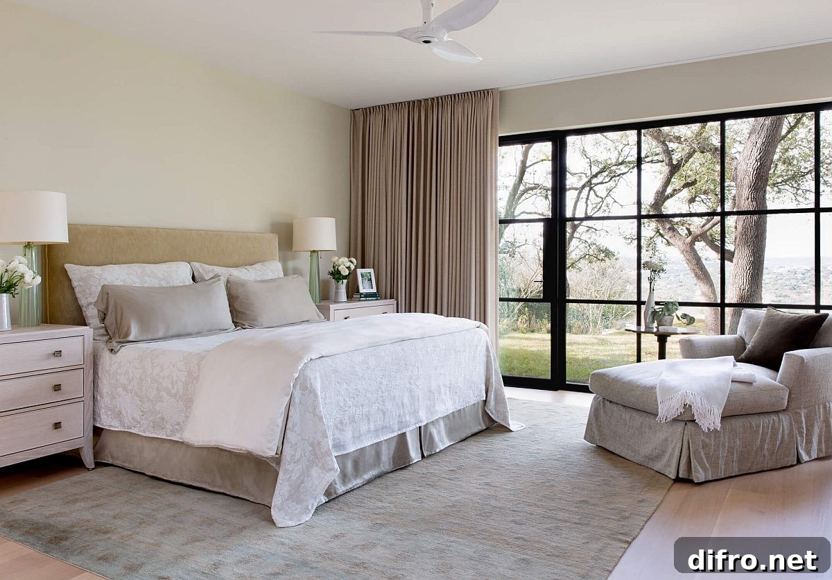 Decorating the bedroom with neutrals even as the oak tree outside adds contrast and color