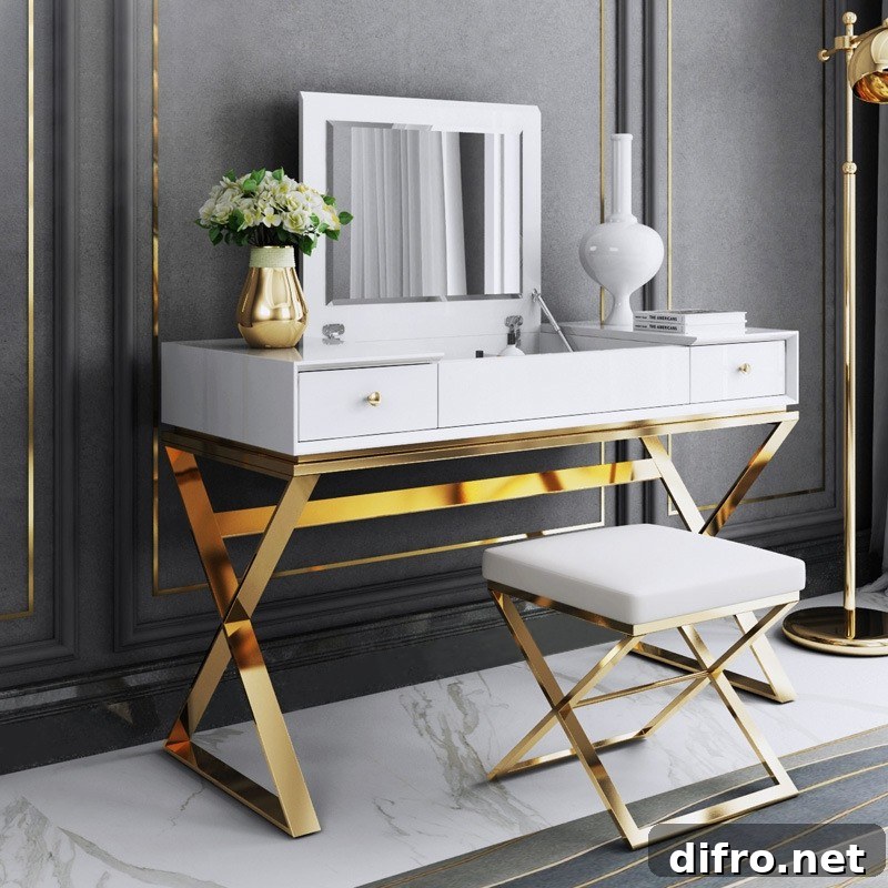 White vanity with gold-toned detailing