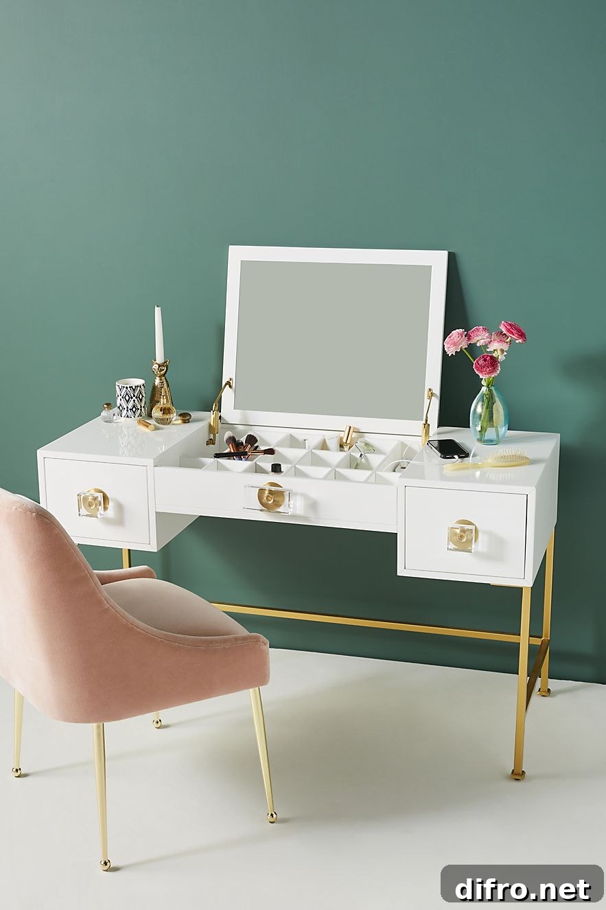 Lacquered white vanity with Lucite and brass pulls
