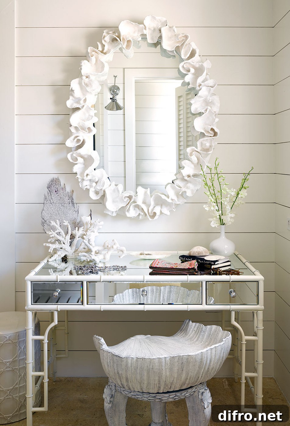 Vanity with coral motif and mirrored surfaces