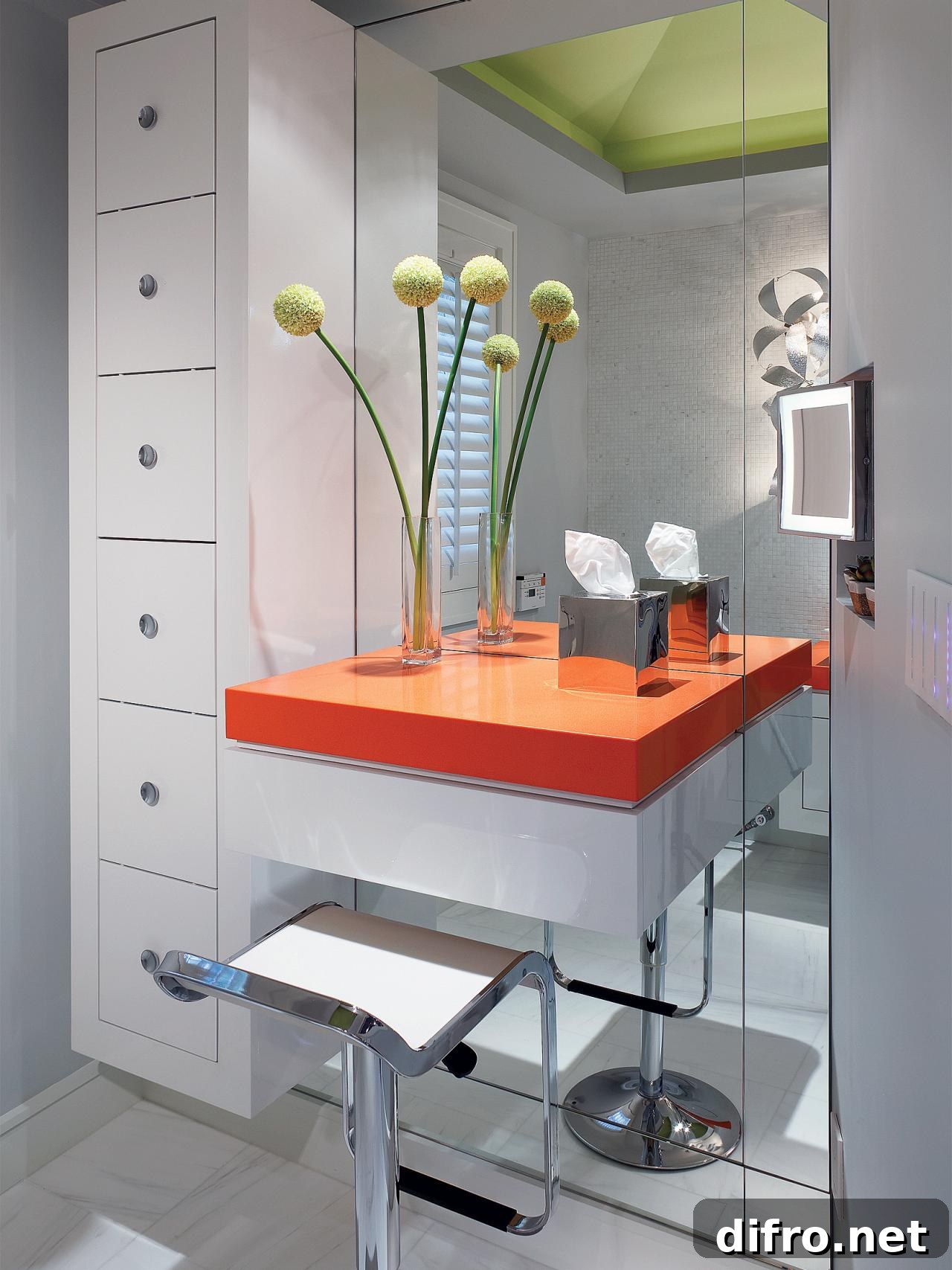 Floating makeup vanity with an orange top and swivel stool