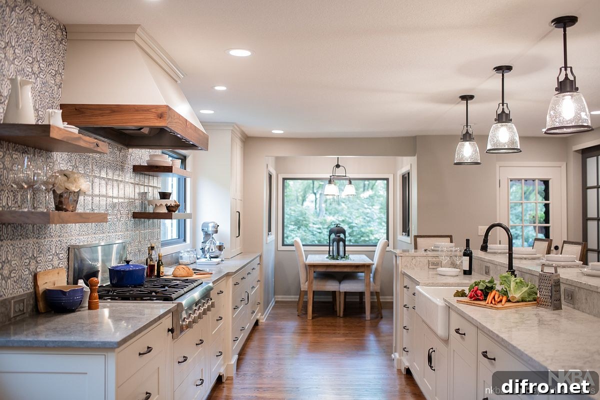 Spacious, light-filled industrial farmhouse kitchen