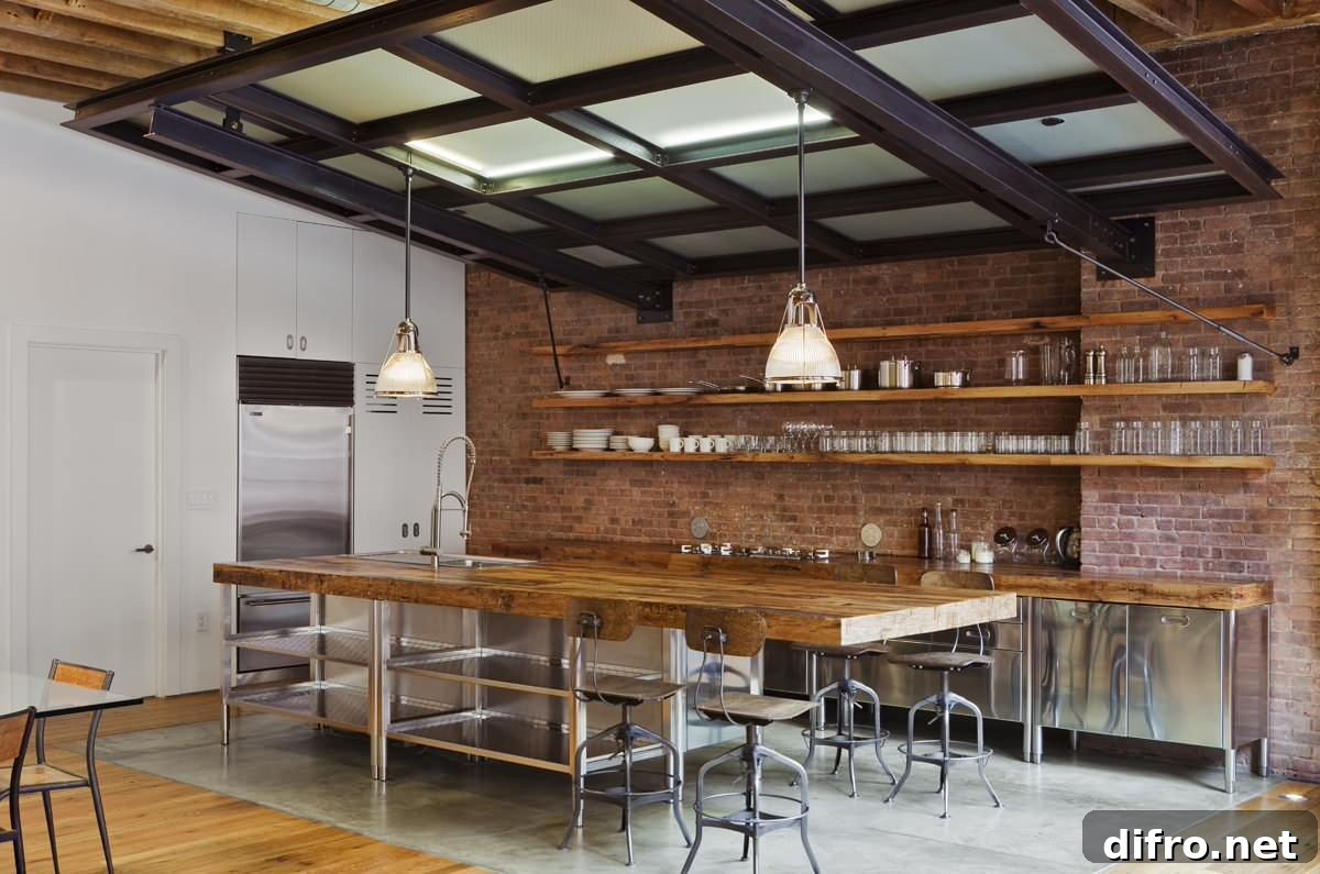 Industrial kitchen with exposed brick and wooden floating shelves