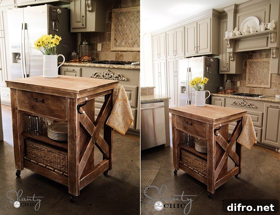 Kitchen island on wheels suited for industrial farmhouse kitchen