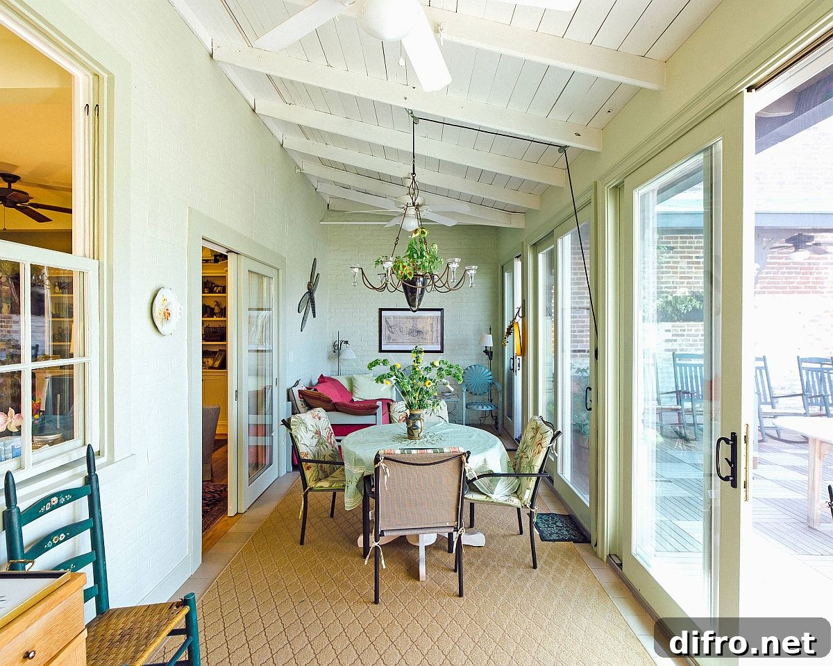 Screened-in porch with chandelier
