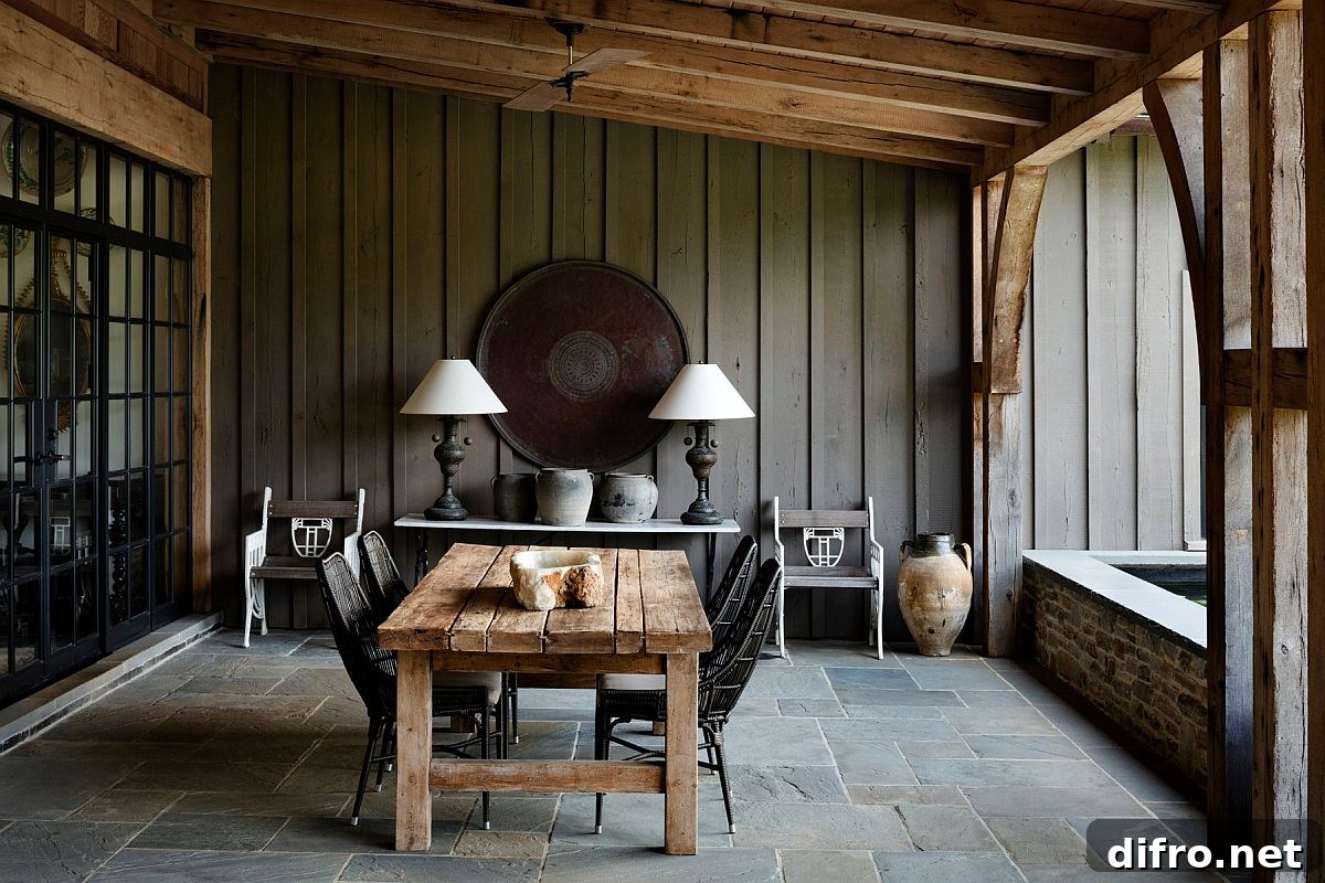 Farmhouse style covered porch with heavy wooden dining table