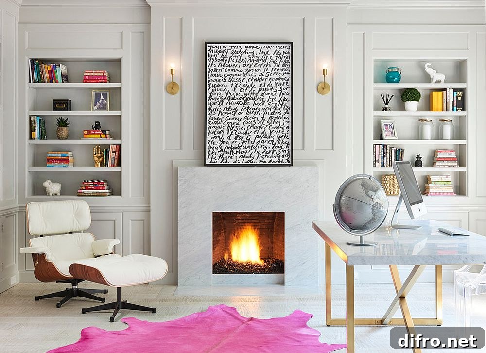 Relaxing contemporary home office in white with a fireplace, Eames Lounger and colorful rug [Design: Palmerston Design Consultants]