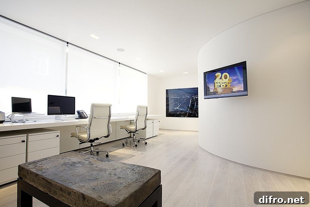 Modern home office in white with video conferencing facility [Design: Olive Audio Visual]