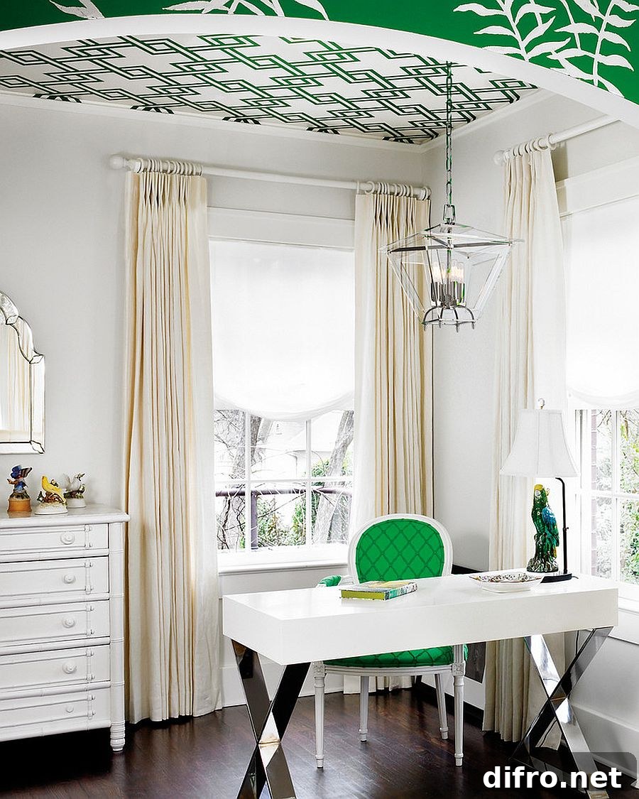 A splash of green enlivens the cool home office in white [Design: 1800Lighting]