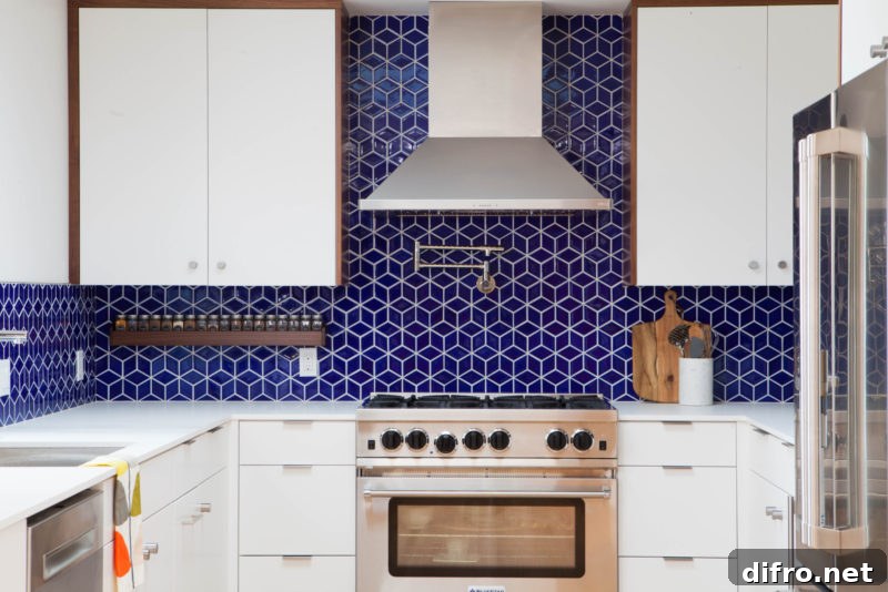 Royal blue tile backsplash