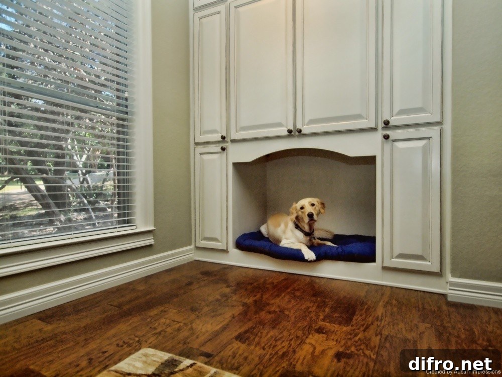 Built-in dog nook in a cabinet wall