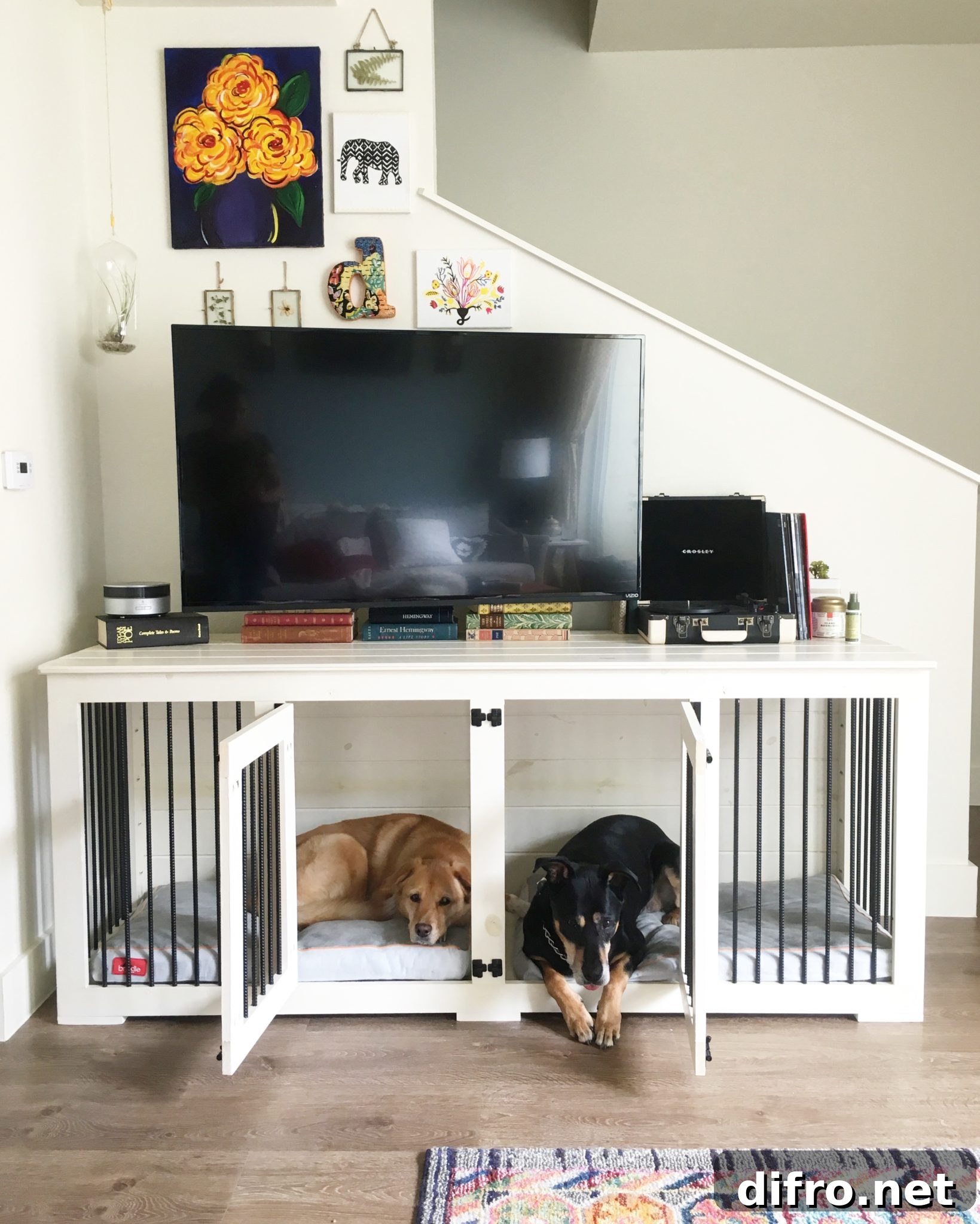 Dog crate used as a TV stand