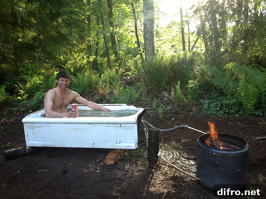 Outdoor wood hot tub in natural setting