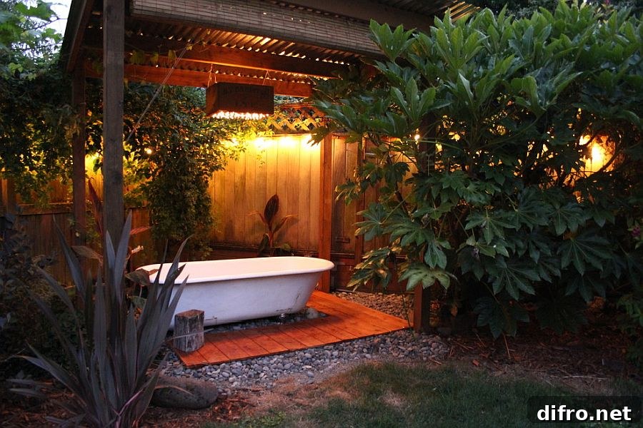 Vintage bathtub transformed into backyard hot tub