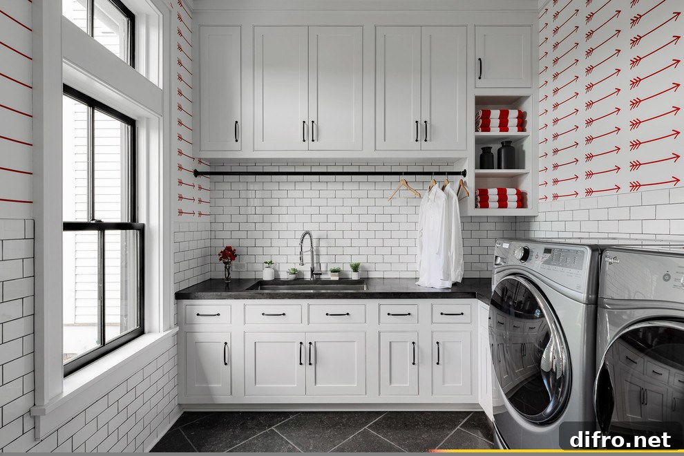 Modern farmhouse style laundry in white and red