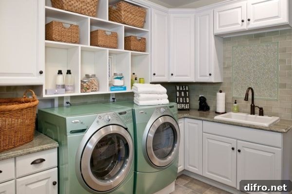 Compact laundry room with combination of shelving and storage options