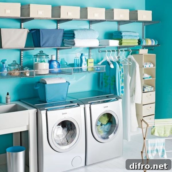 Blue laundry room with plenty of shelf space