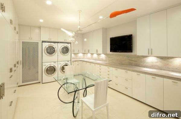 Contemporary laundry room comes with entertainment options as well!