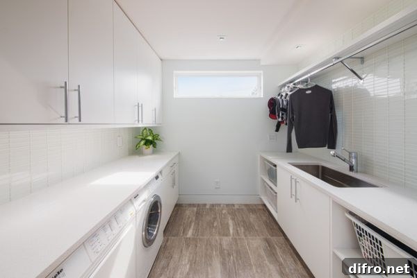 Sleek and stylish all-white contemporary laundry room!