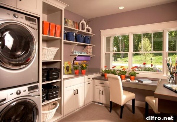 Floating shelves and colorful baskets light up the room!