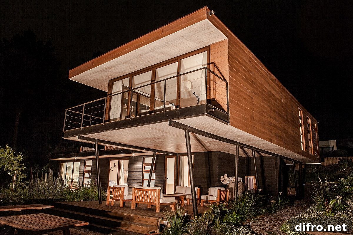 Cantilevered upper level providing shade