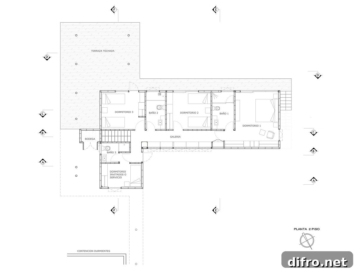 Upper level floor plan with bedrooms and deck