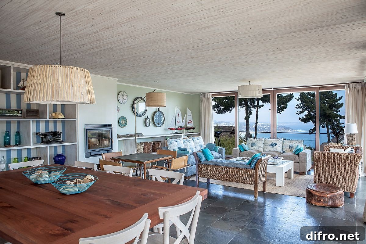 Coastal style living room with ocean views