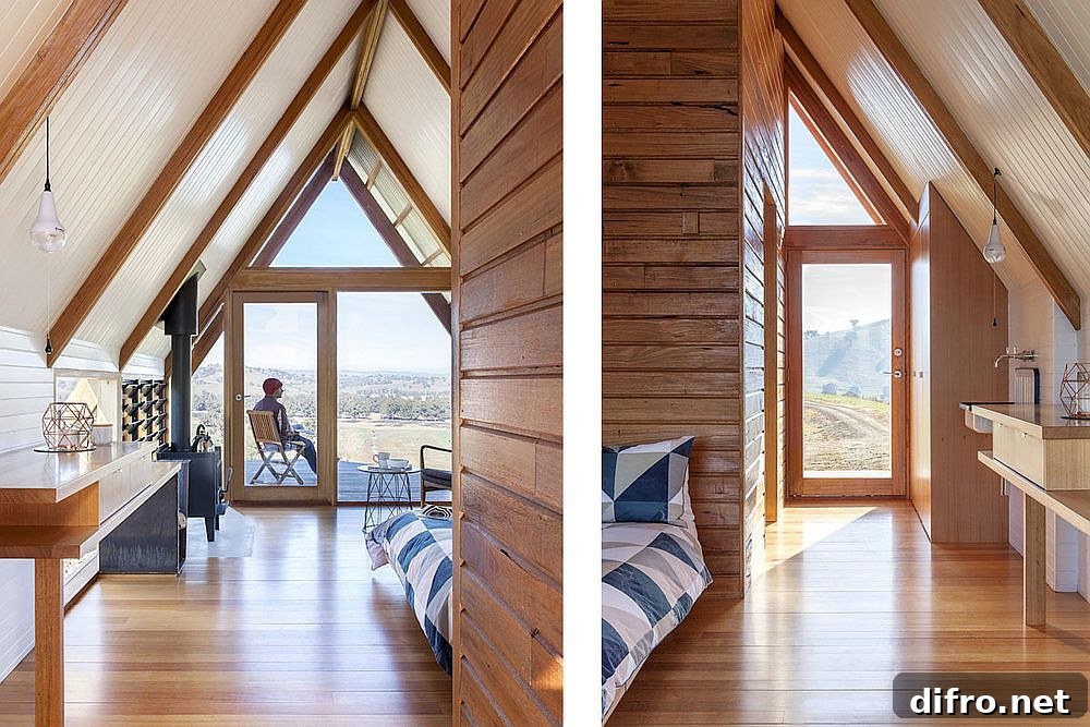 Woodsy interior of the hut crafted using wood sourced locally