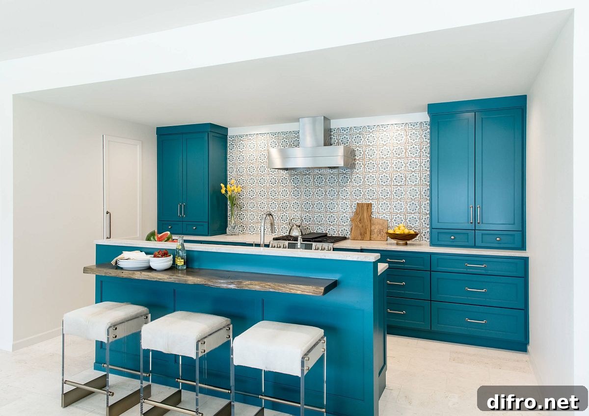 Striking modern kitchen with bright turquoise