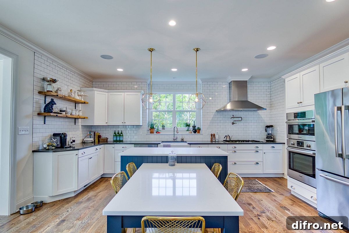 Eat-in kitchen with turquoise island and dining area