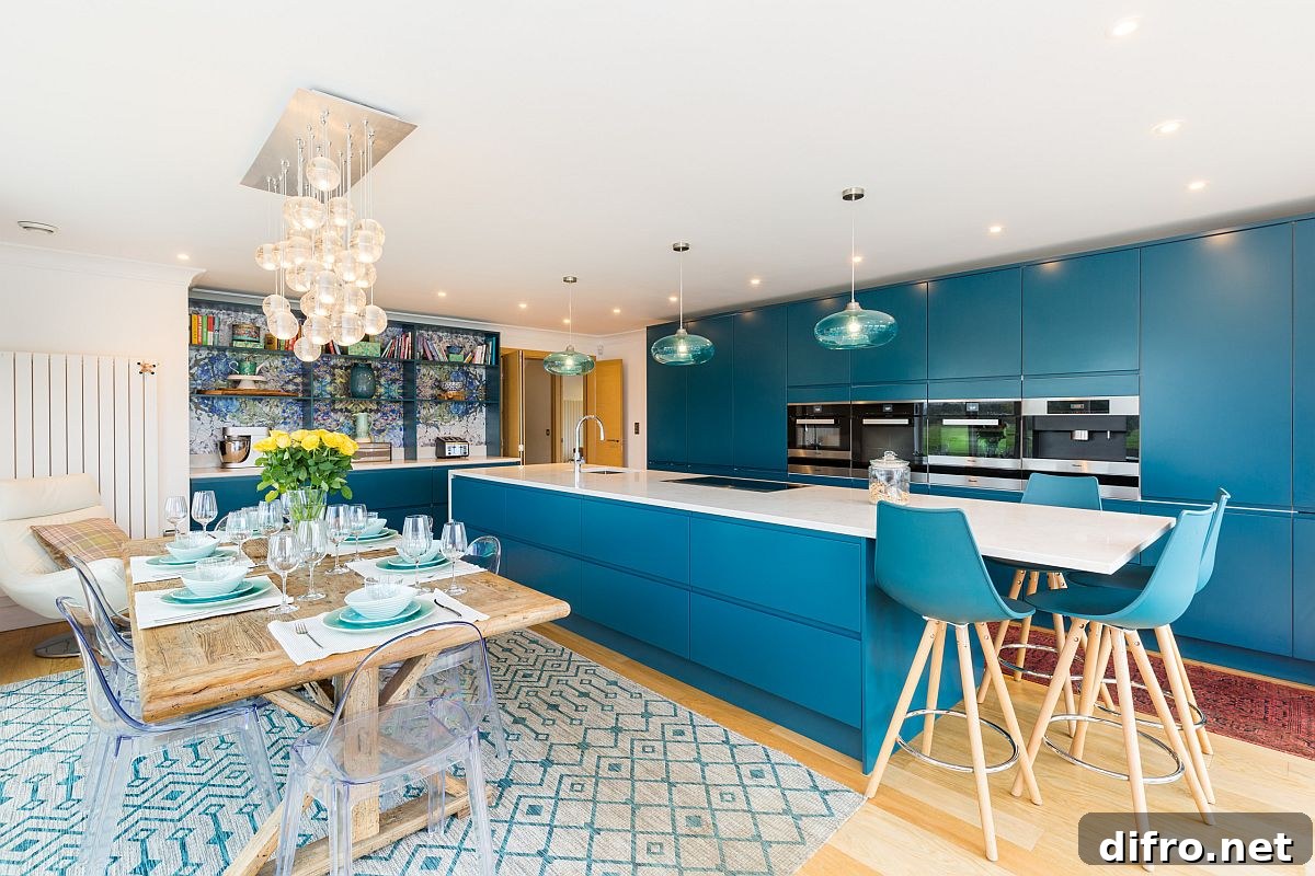 Dark turquoise in a contemporary kitchen adjacent to the dining room